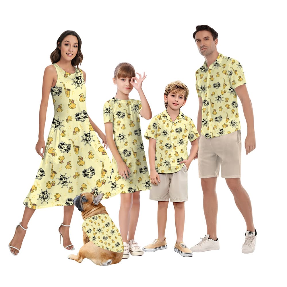 Cute Mickey Steamboat Willie Rubber Ducky Yellow Matching Family Hawaiian Outfits