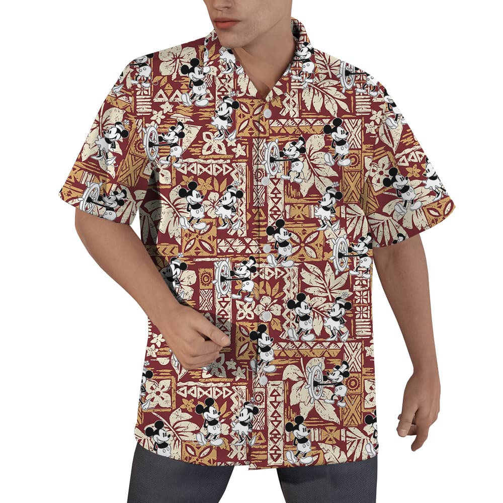 Cute Mickey Steamboat Willie Tapa Hibiscus Hawaiian Shirt (1)