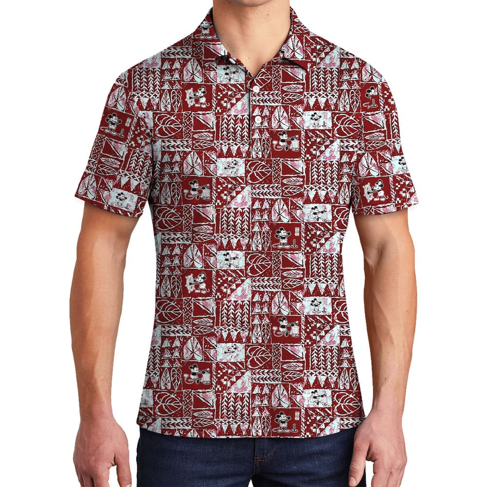 Cute Mickey Steamboat Willie Tapa Patterns Red Hawaiian Polo Shirt For Men