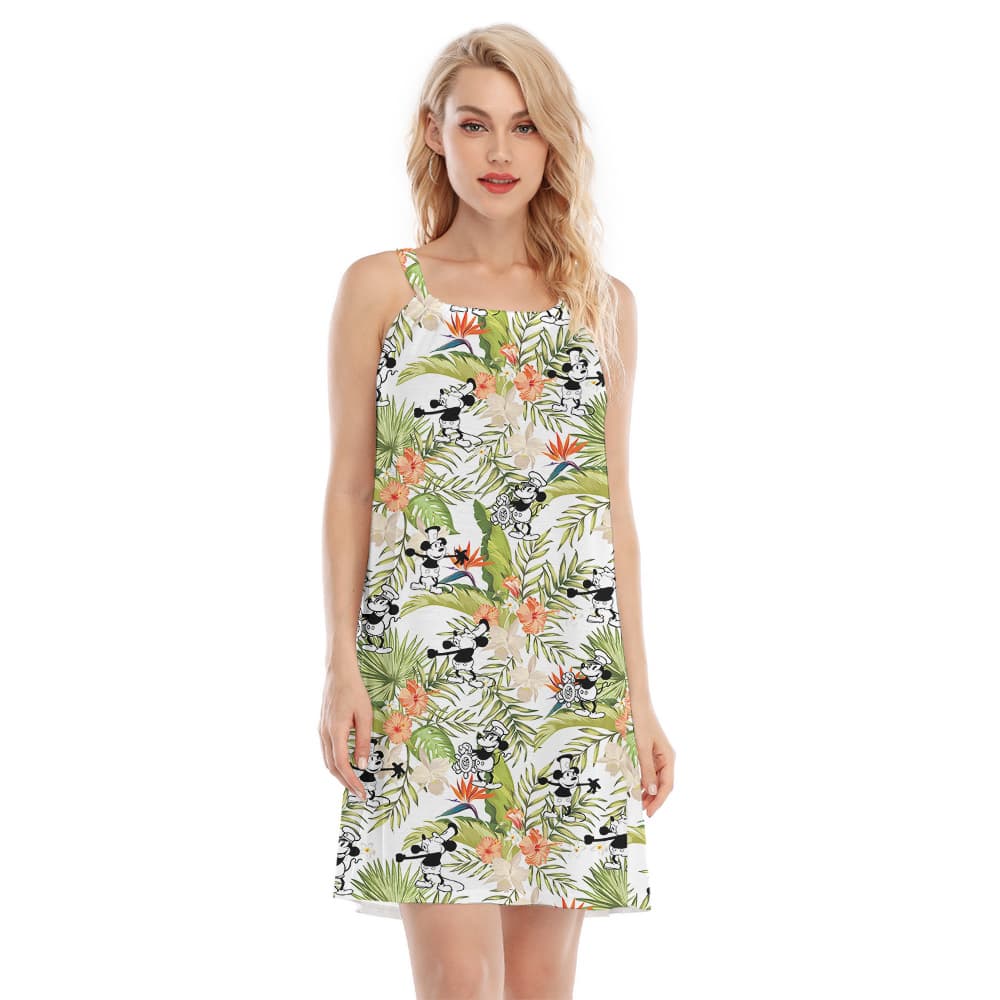 Cute Mickey Steamboat Willie Tropical Hibiscus Aloha Cami Dress