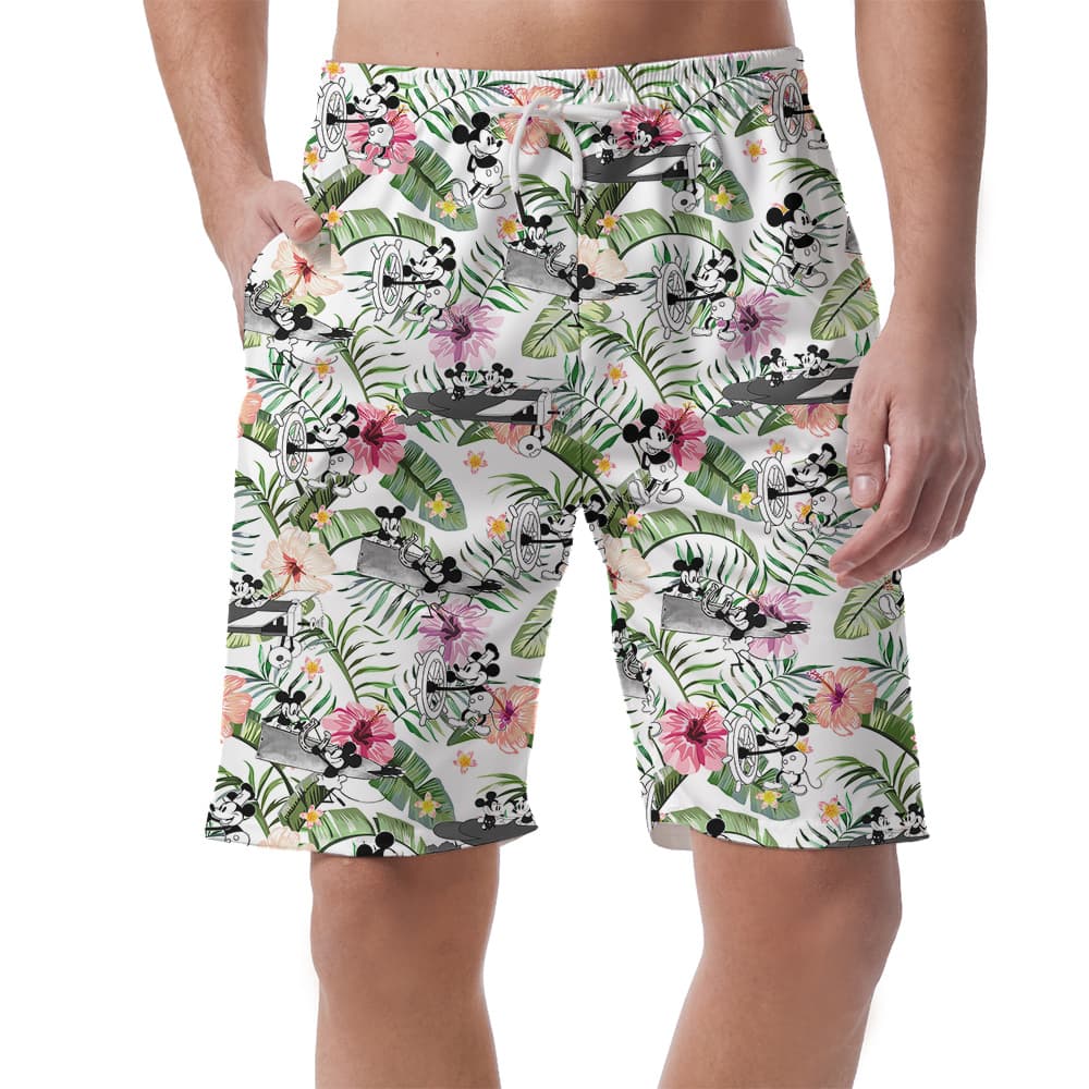 Cute Mickey Steamboat Willie Tropical Hibiscus Hawaiian Beach Shorts For Men