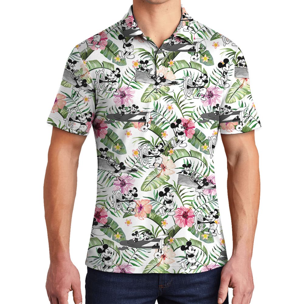 Cute Mickey Steamboat Willie Tropical Hibiscus Hawaiian Polo Shirt
