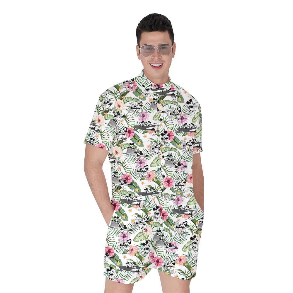 Cute Mickey Steamboat Willie Tropical Hibiscus Hawaiian Romper For Men