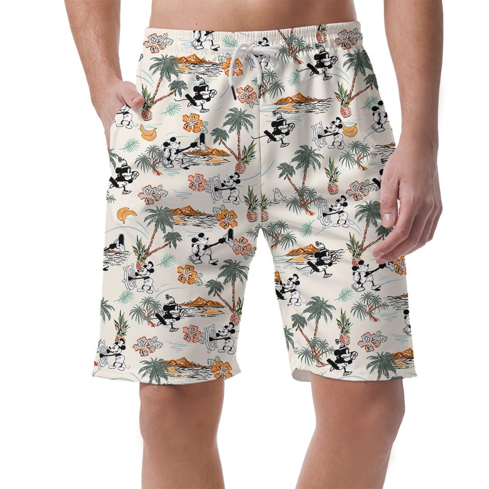 Cute Mickey Steamboat Willie Tropical Islands Hawaiian Beach Shorts For Men