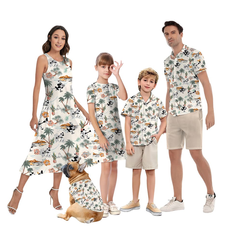 Cute Mickey Steamboat Willie Tropical Islands Hibiscus Matching Family Hawaiian Outfits