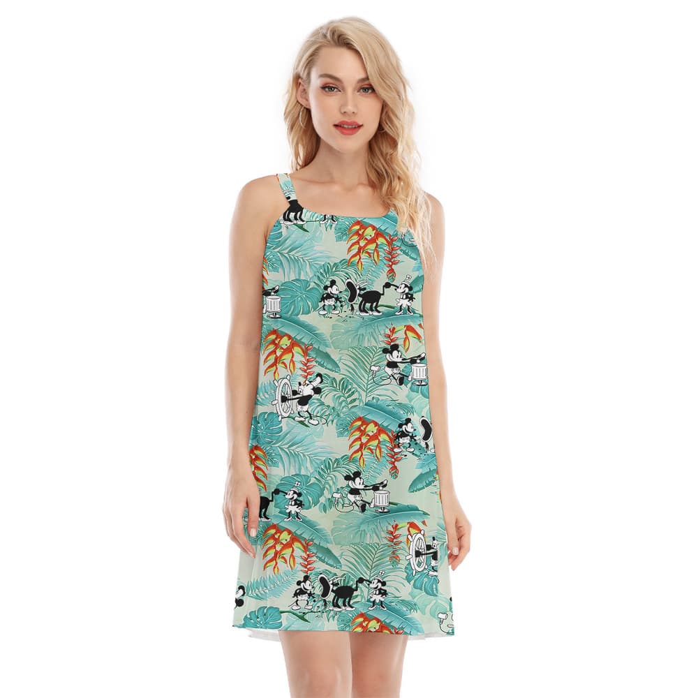 Cute Mickey Steamboat Willie Tropical Leaves Aloha Cami Dress