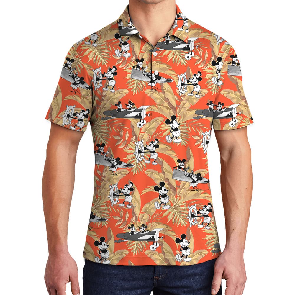 Cute Mickey Steamboat Willie Tropical Leaves Orange Hawaiian Polo Shirt