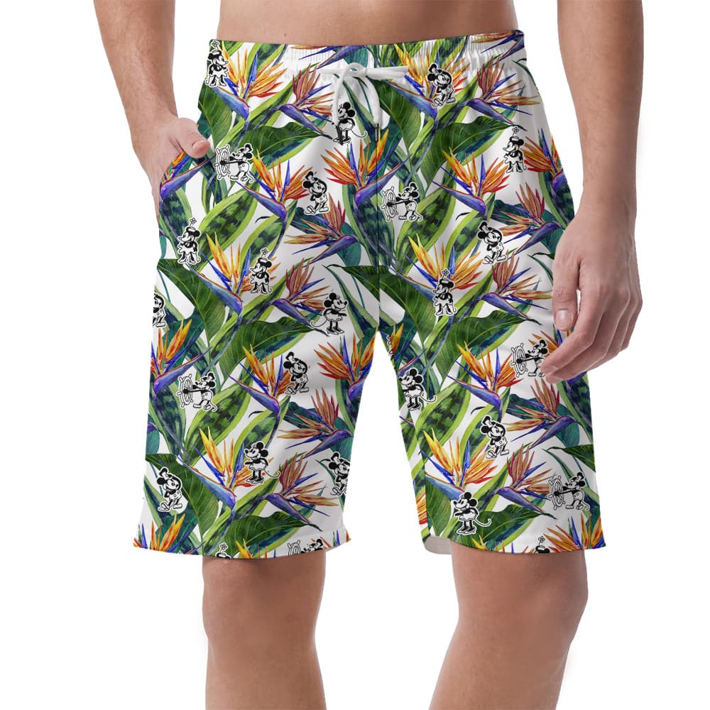 Cute Mickey Steamboat Willie Tropical Men's Hawaiian Beach Shorts