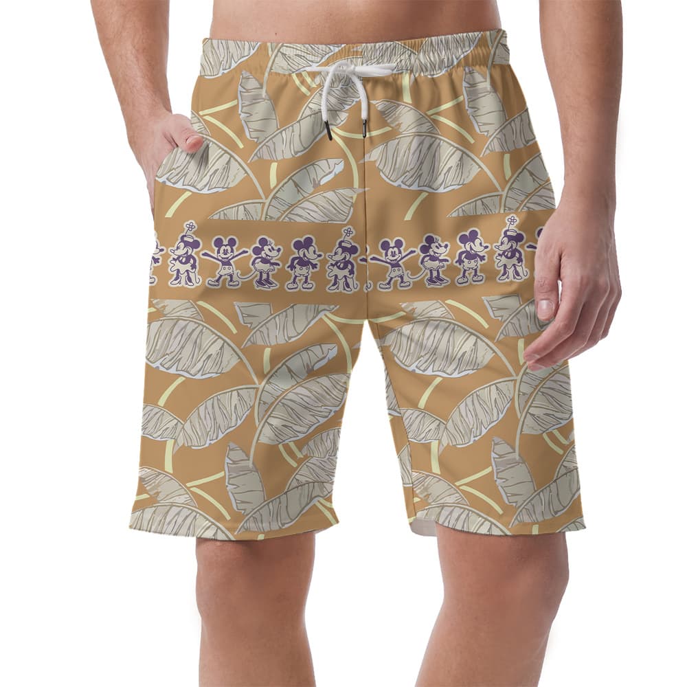 Cute Mickey Steamboat Willie Vintage Brown Hawaiian Beach Shorts For Men