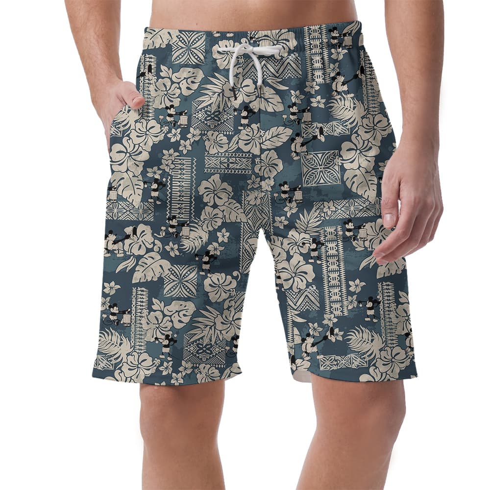 Cute Mickey Steamboat Willie Vintage Floral Navy Hawaiian Beach Shorts For Men