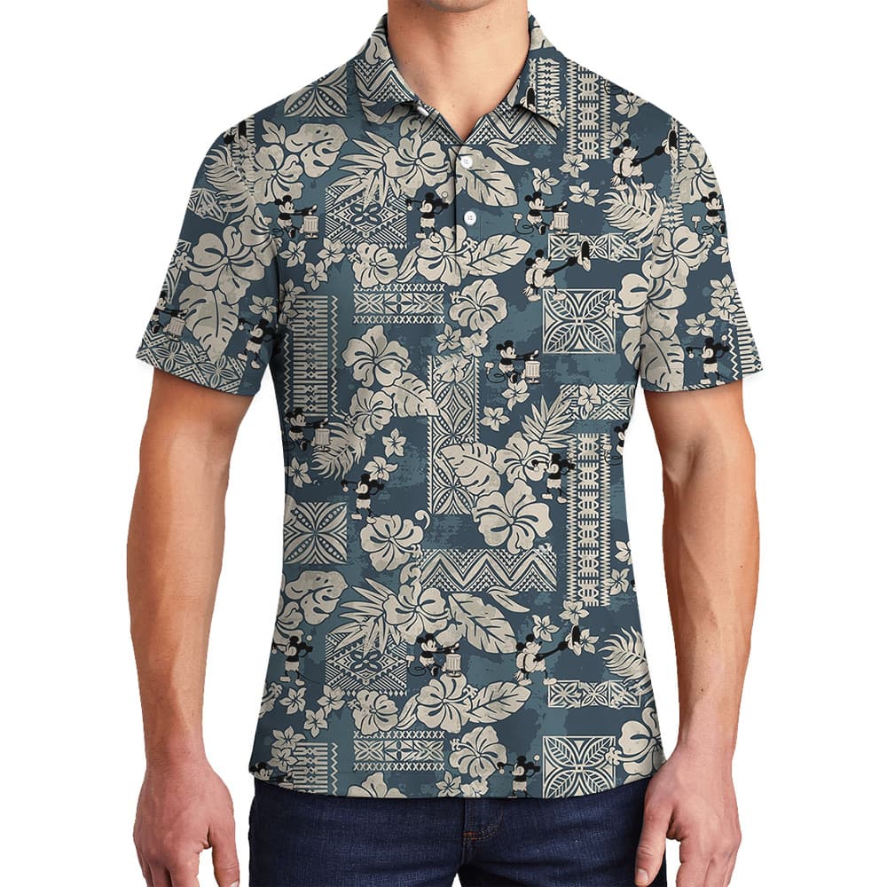 Cute Mickey Steamboat Willie Vintage Floral Navy Hawaiian Polo Shirt