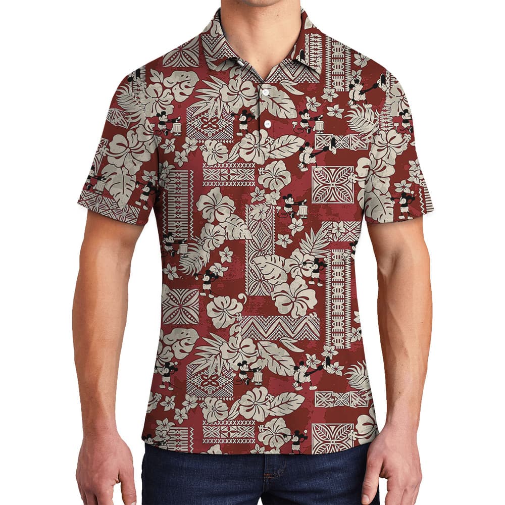 Cute Mickey Steamboat Willie Vintage Hibiscus Hawaiian Polo Golf Shirt