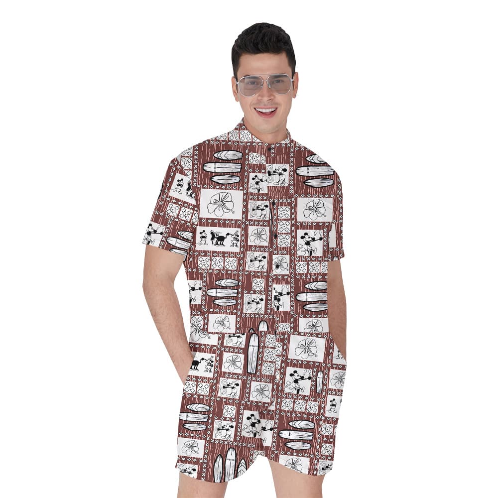 Cute Mickey Steamboat Willie Vintage Surfing Board Hawaiian Romper For Men