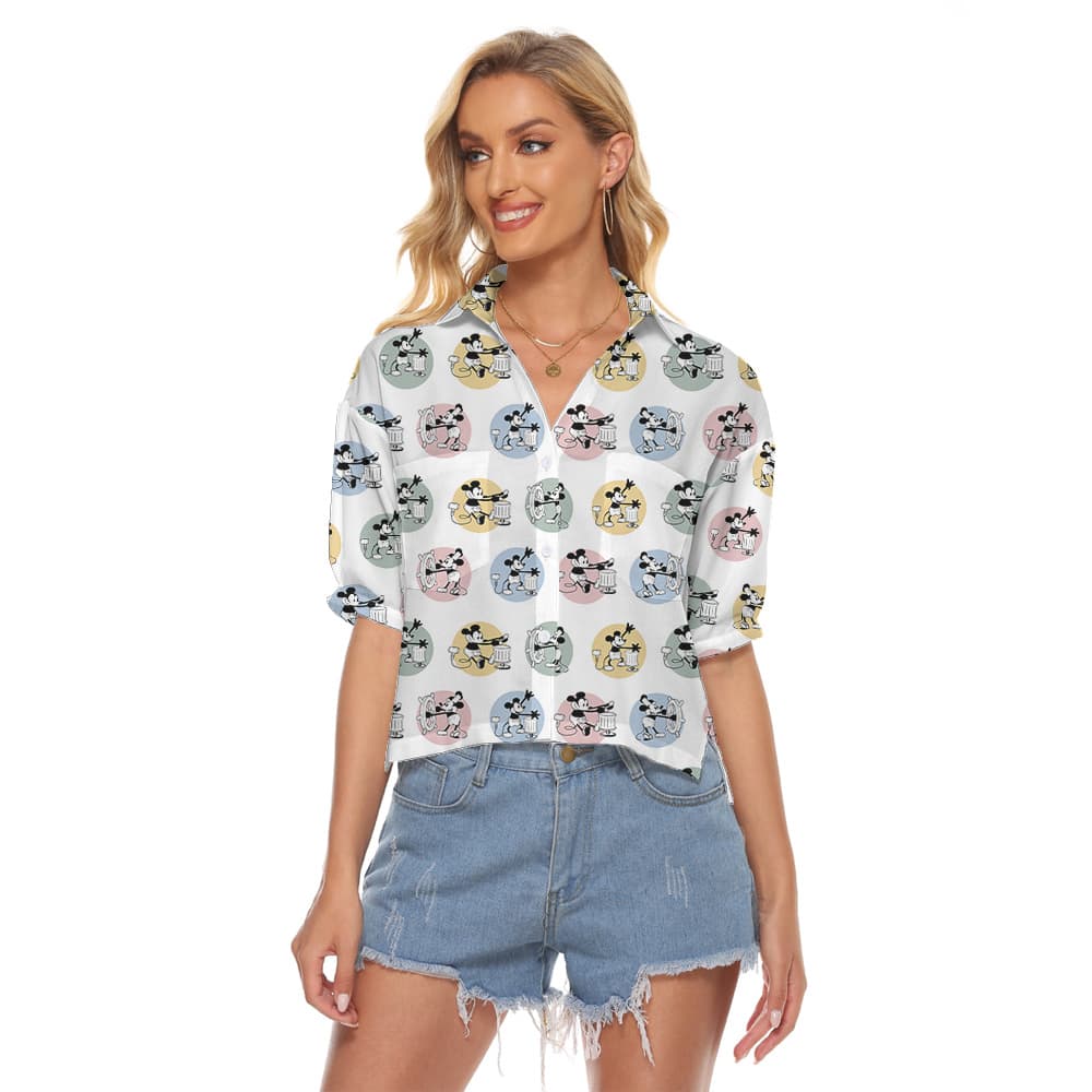 Cute Mickey Steamboat Willie Women's Hawaiian Cropped Shirt