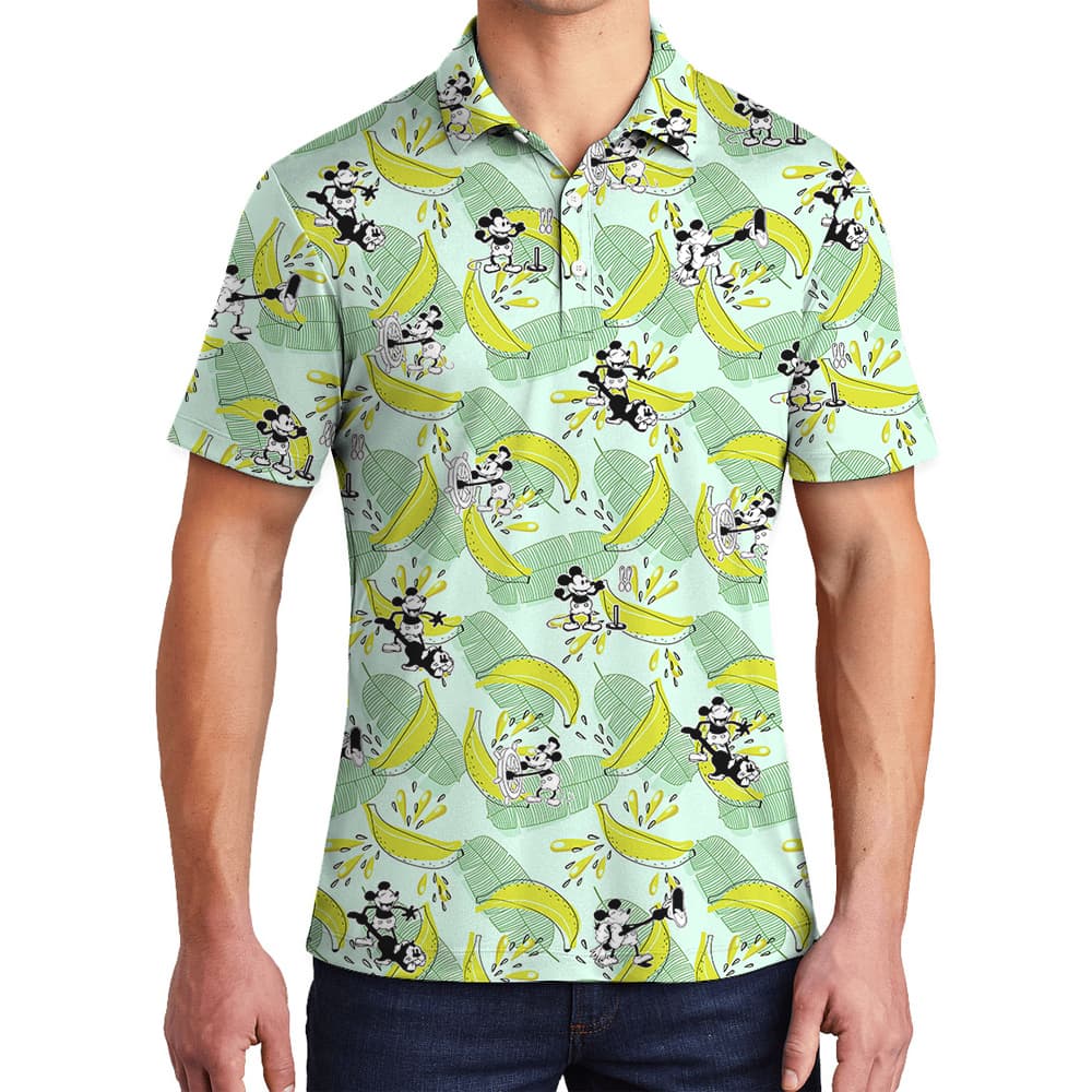 Cute Steamboat Willie Mickey Banana Hawaiian Polo Shirt For Men