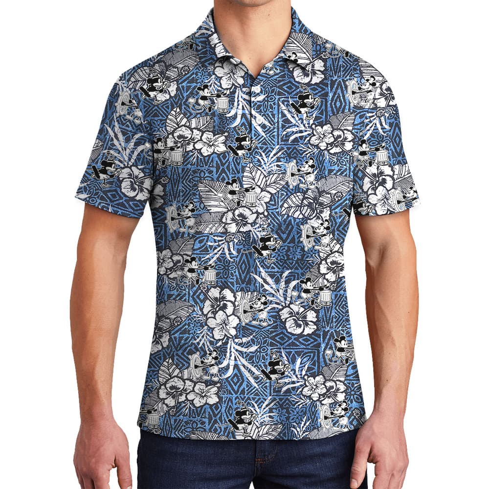 Cute Steamboat Willie Mickey Classic Hibiscus Navy Men's Hawaiian Polo Shirt