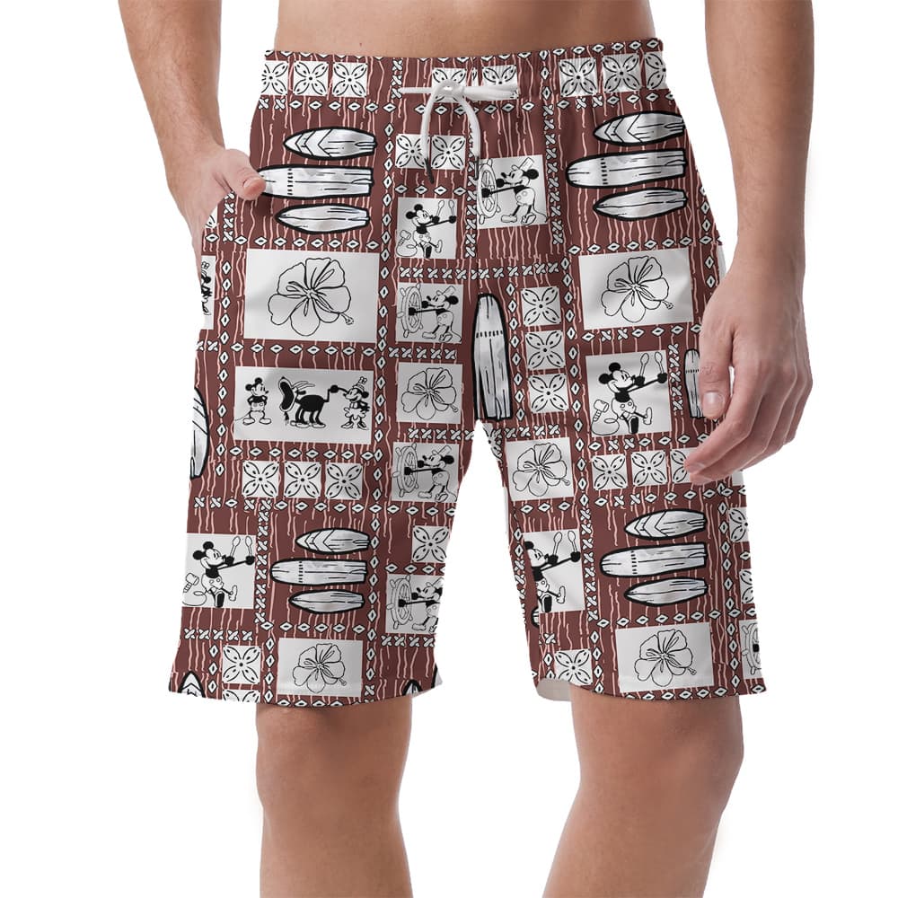 Cute Steamboat Willie Mickey Mouse Vintage Hawaiian Beach Shorts For Men