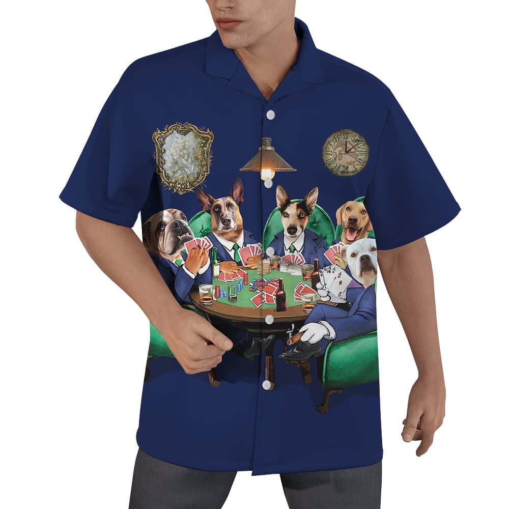 Dog Poker Navy Hawaiian Men’s Shirt With Custom Multiple Dogs Face1