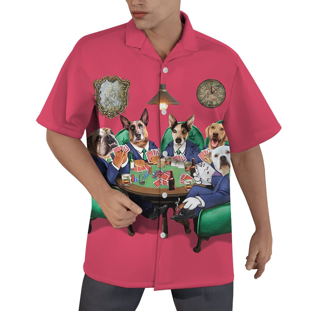Dog Poker Pink Hawaiian Men’s Shirt With Custom Multiple Dogs Face1