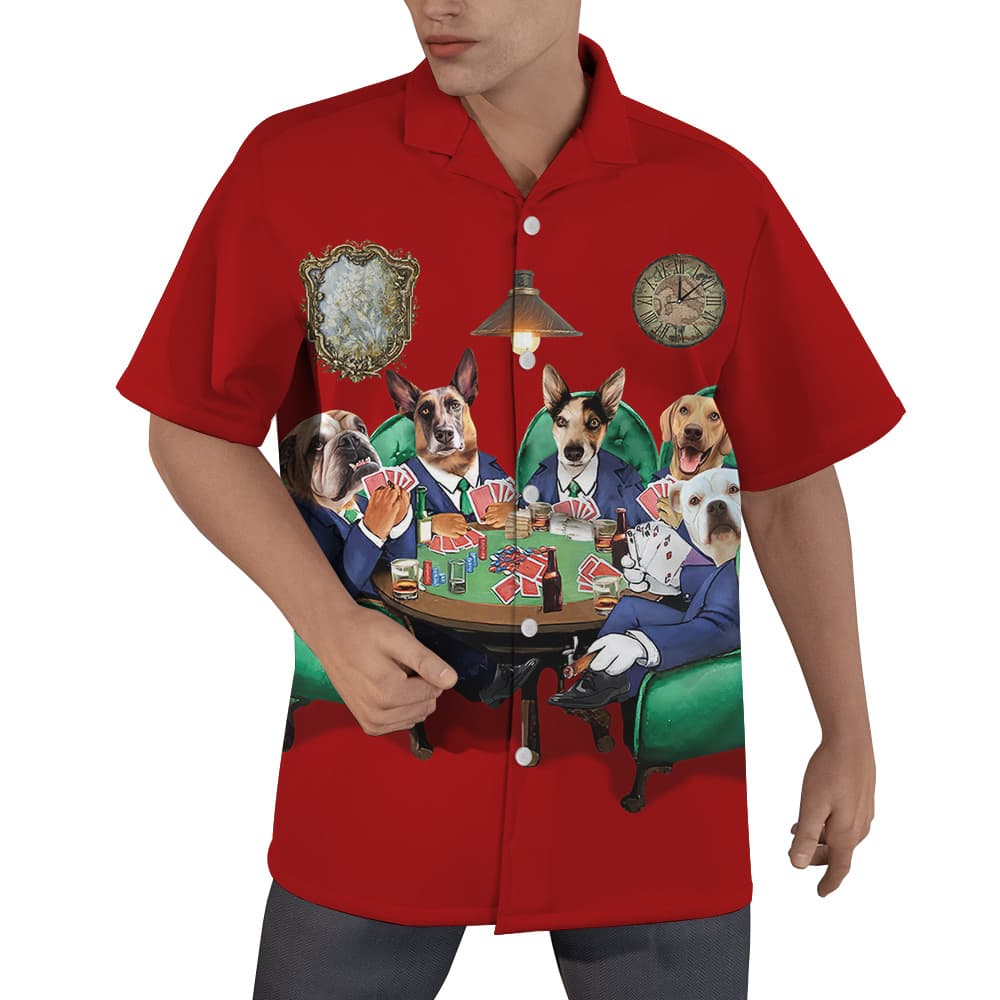 Dog Poker Red Hawaiian Men’s Shirt With Custom Multiple Dogs Face1