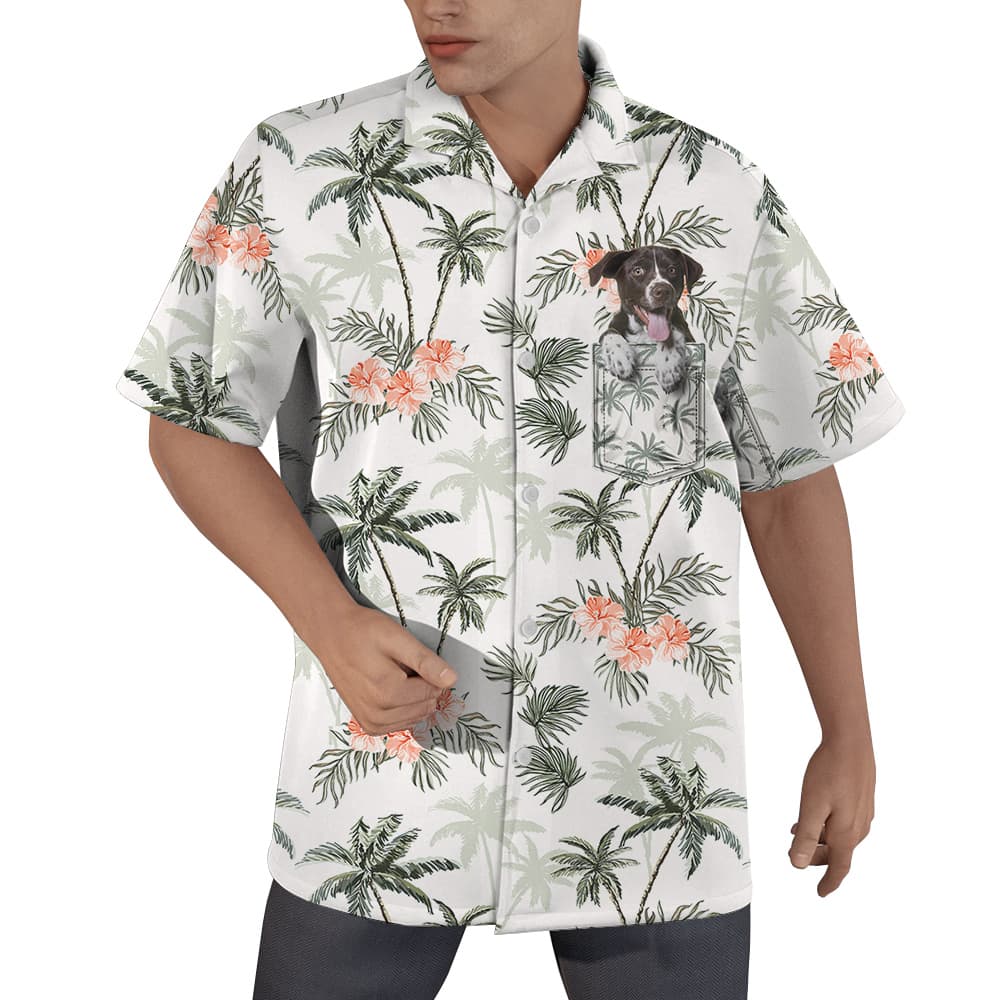 A Tropical Button Up Shirt with Custom Dog Face on the Pocket in Palm and Hibiscus Pattern