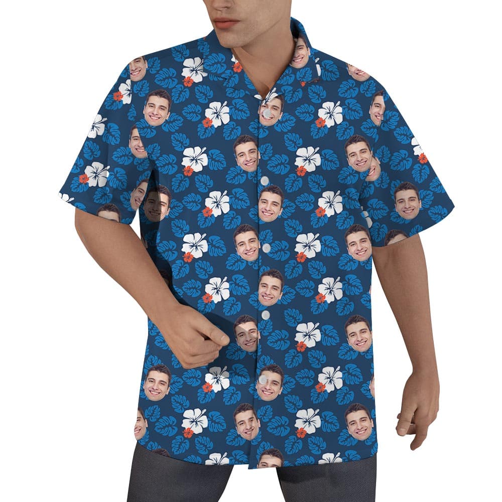 Face Custom Men's Hawaiian Shirt Navy With Hibiscus