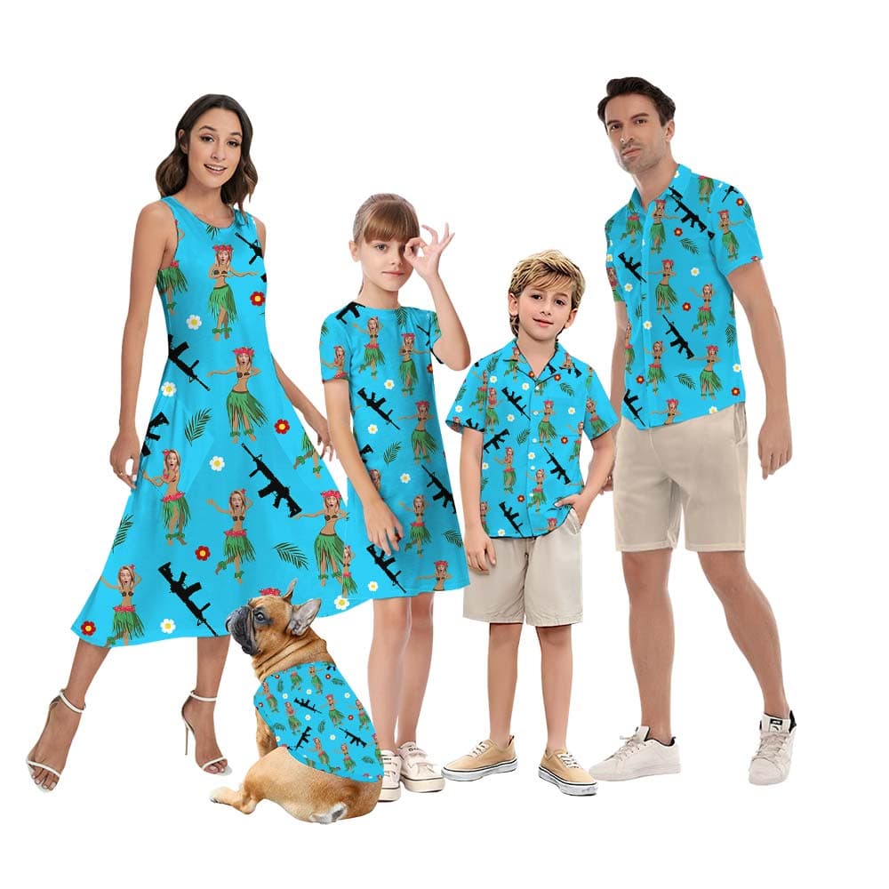 Custom Face With Gun And Tropical Flower Personalized Family Matching
