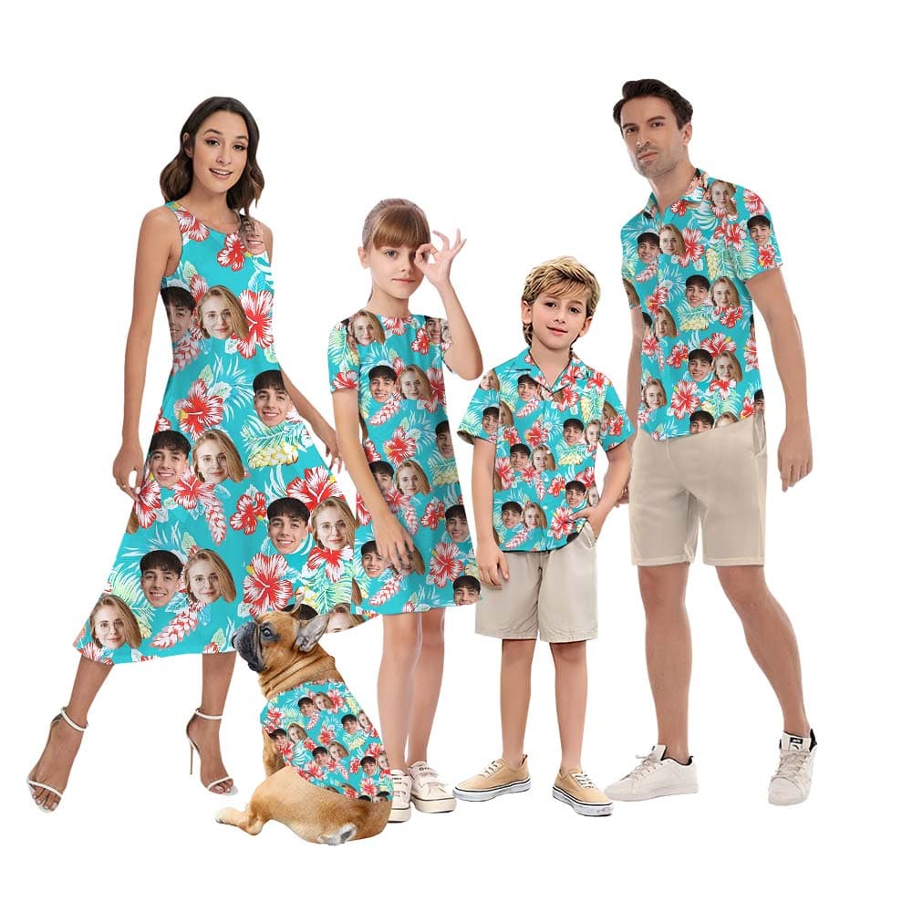 Faces On Matching Family Hawaiian Shirts Blue1
