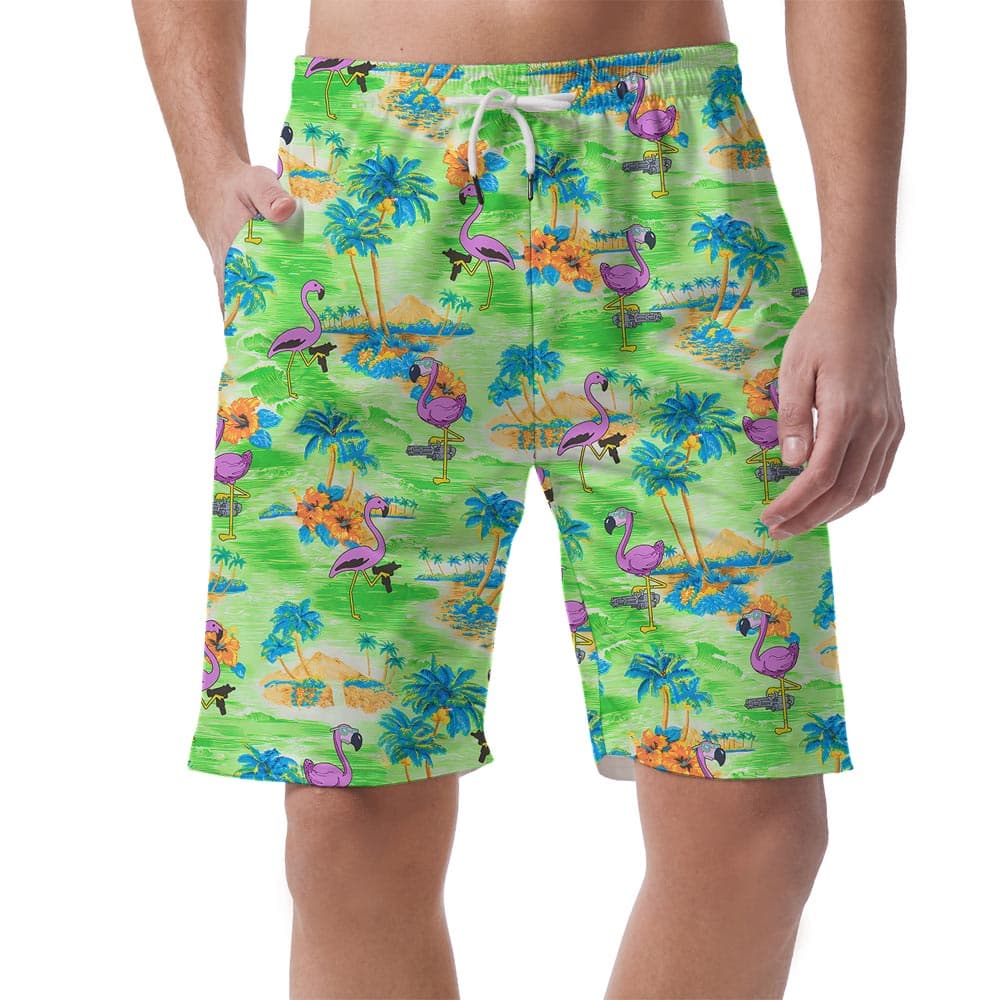 Green Hawaiian Shorts Men With Flamingo Pattern