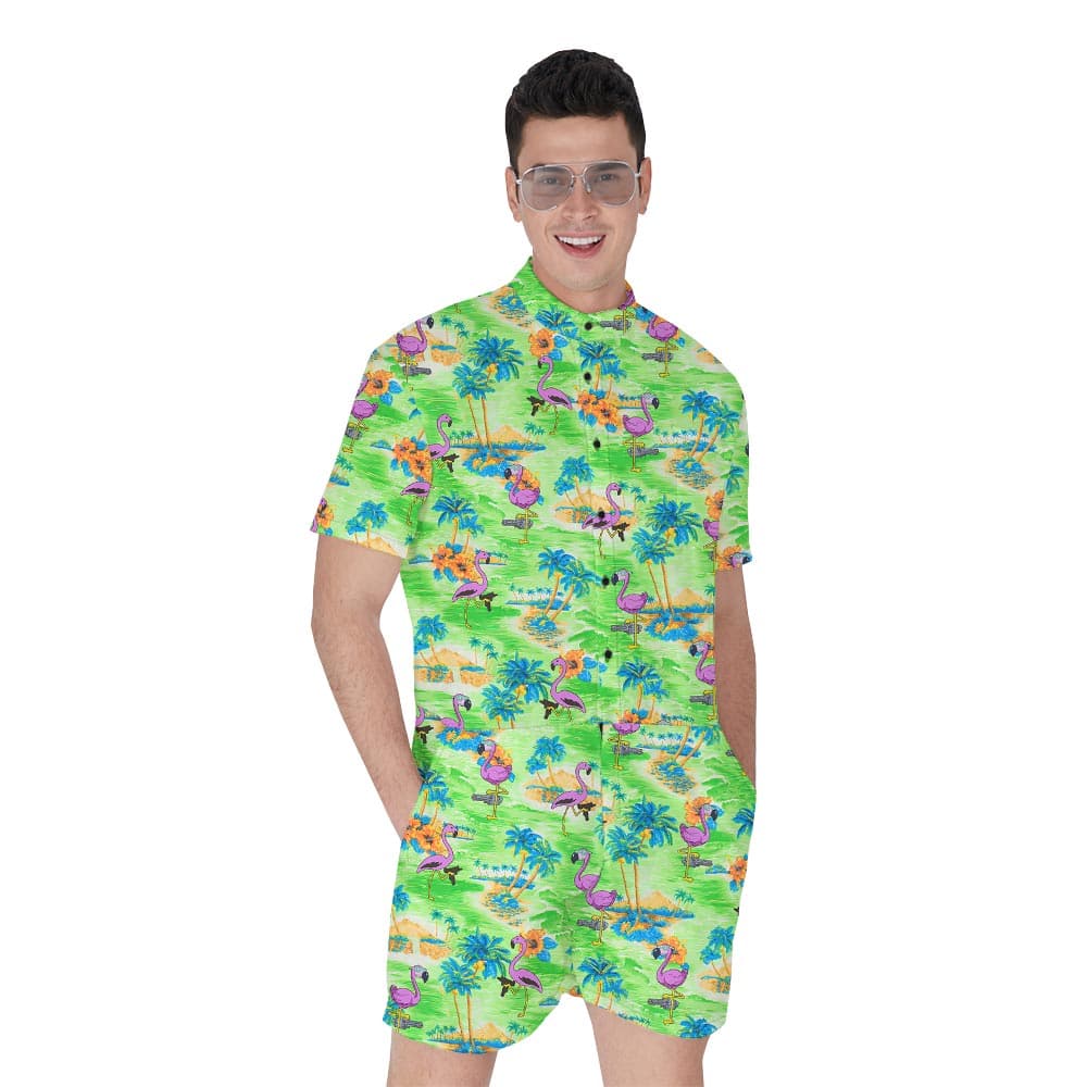 Flamingo Print Beach Hawaiian Romper Men