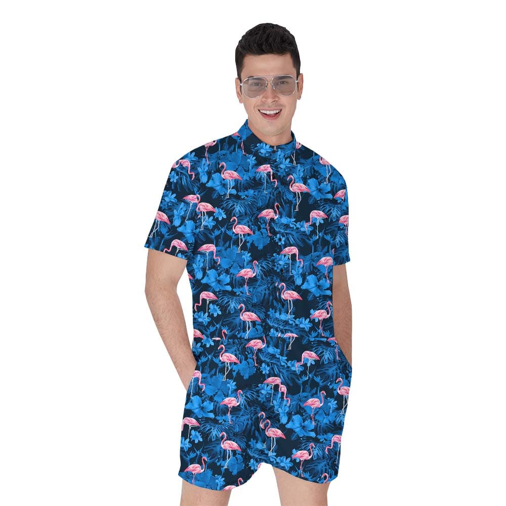 Flamingo Tropical Romper For Male Blue1