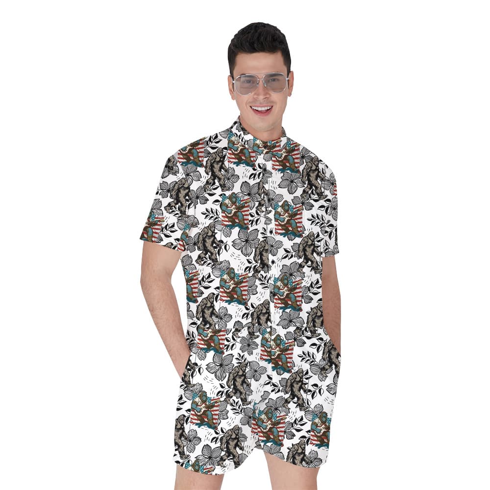 Floral Bigfoot American Flag Vintage Hawaiian Romper For Men