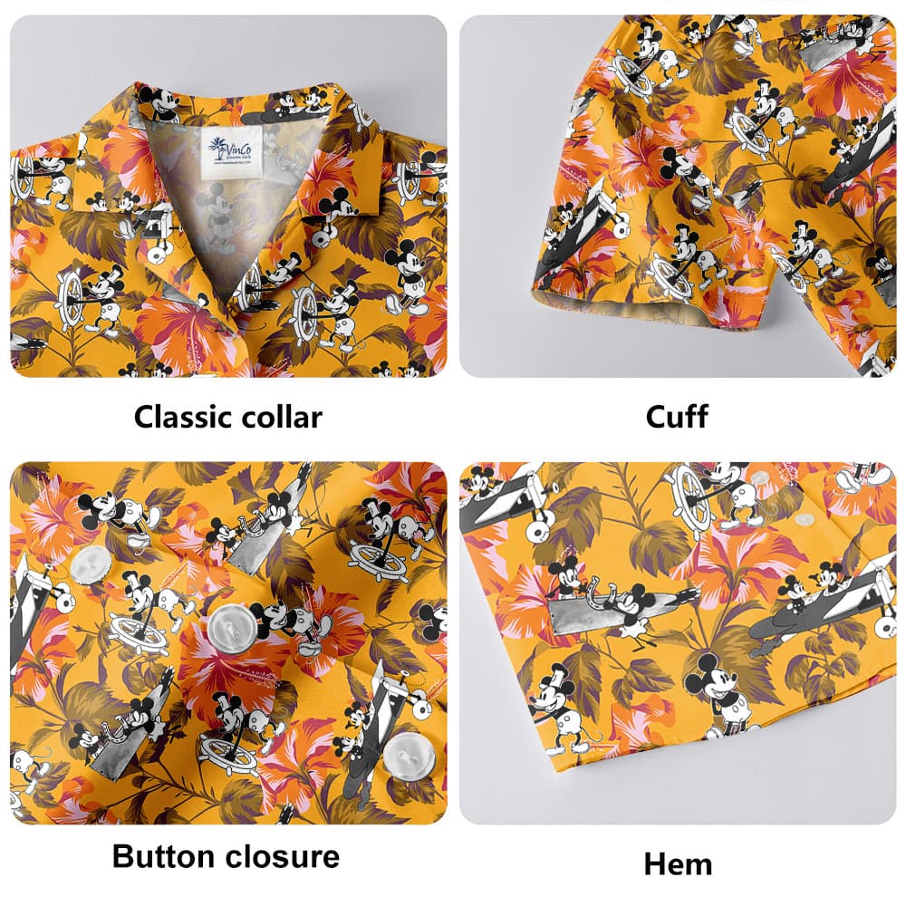 Floral Hibiscus Mickey Steamboat Willie Yellow Hawaiian Shirt