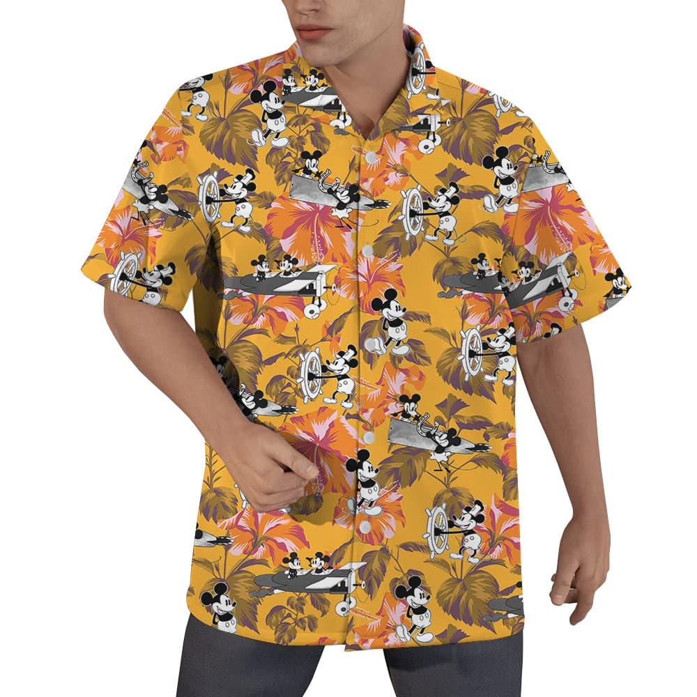 Floral Hibiscus Mickey Steamboat Willie Yellow Hawaiian Shirt (5)