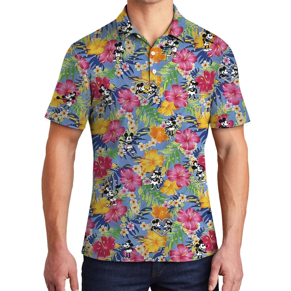 Floral Mickey Mouse Tropical Polo Shirt For Men Steamboat Willie