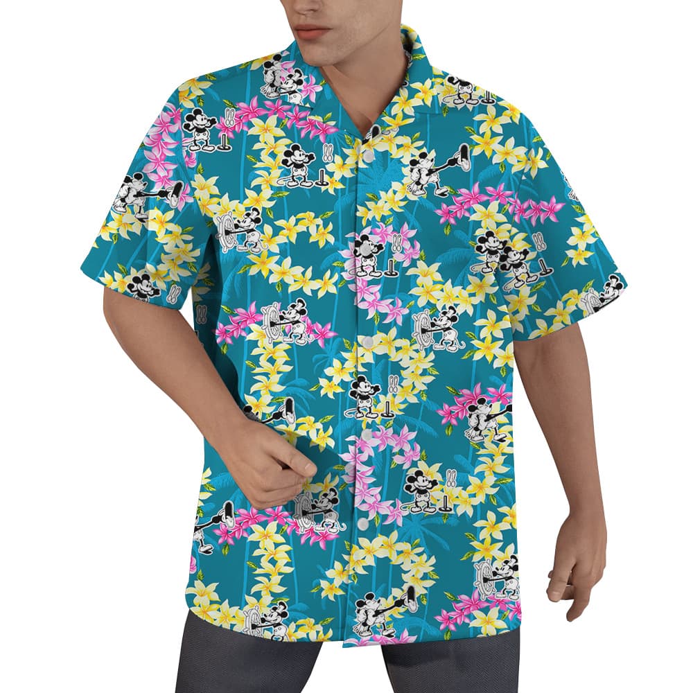 Floral Palm Tree Mickey Steamboat Willie Vintage Blue Hawaiian Shirt (3)