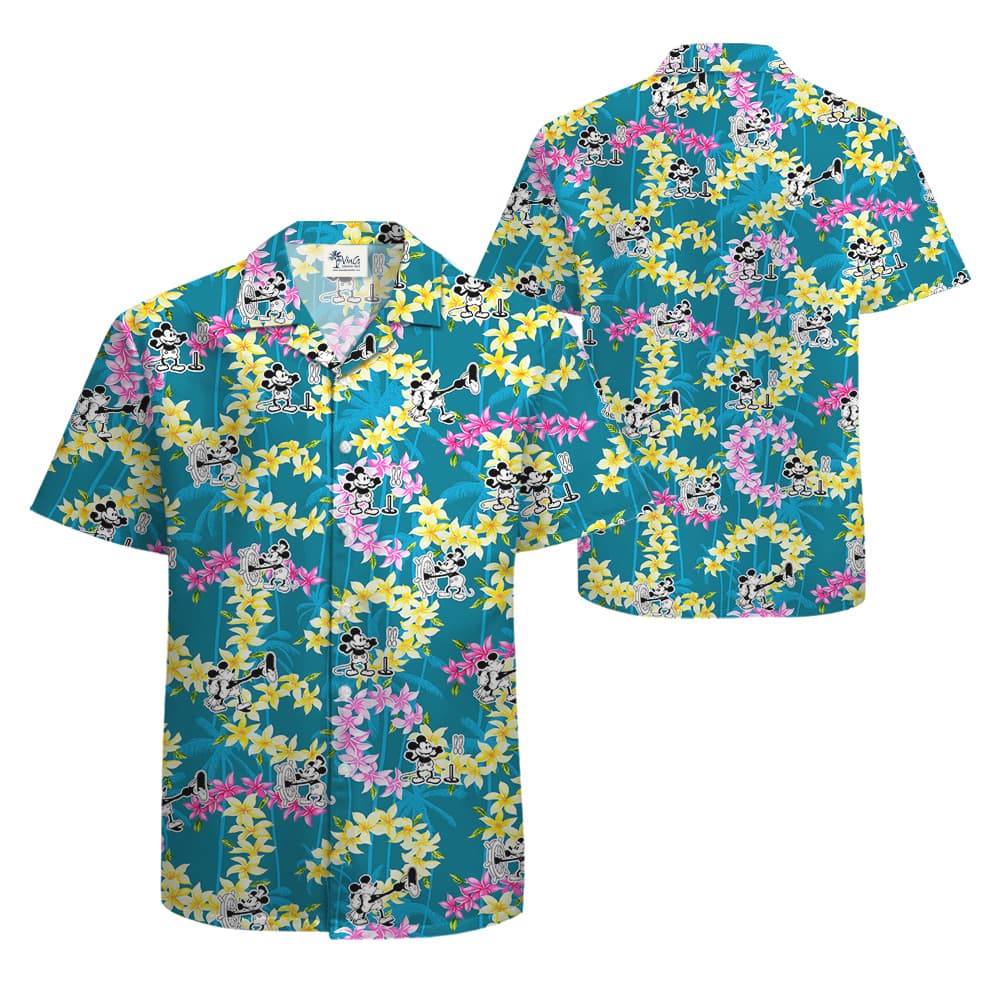 Floral Palm Tree Mickey Steamboat Willie Vintage Blue Hawaiian Shirt