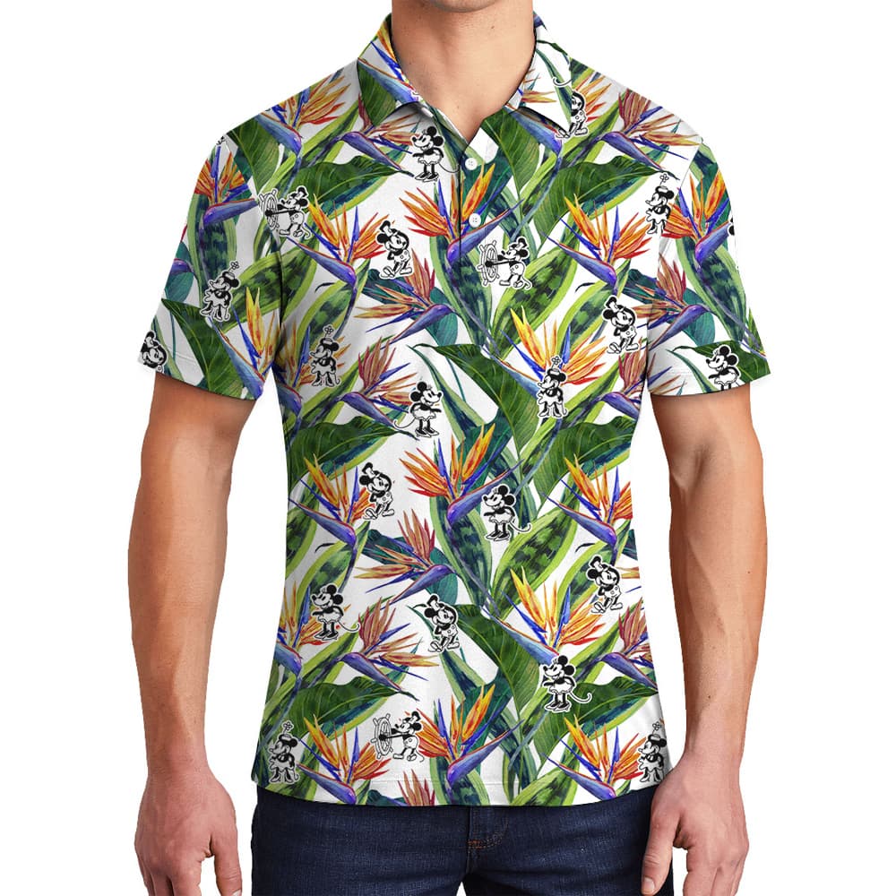 Floral Steamboat Willie Mickey Tropical Hawaiian Polo Shirt For Men