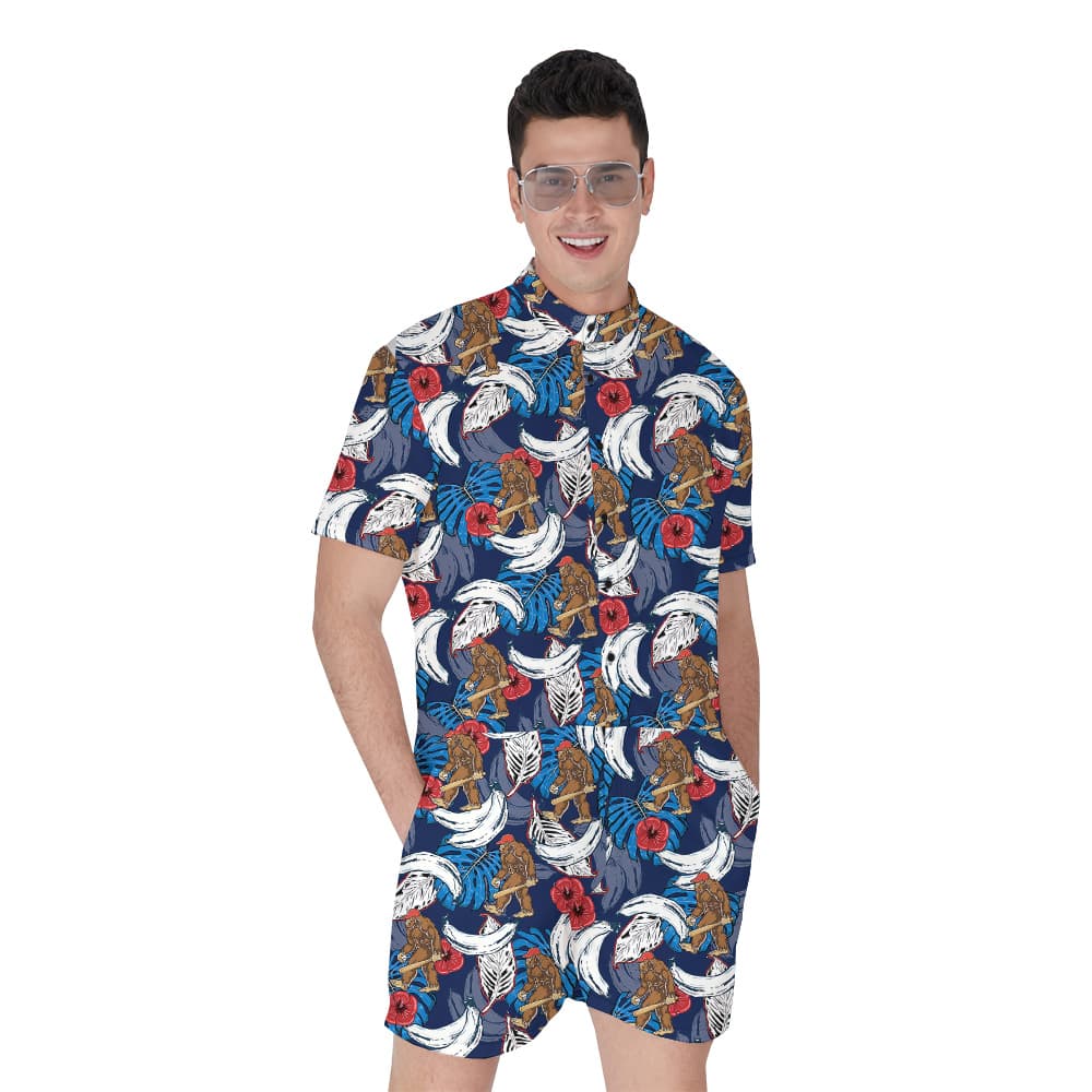 Funny Baseball Sasquatch Blue Tropical Men's Hawaiian Romper