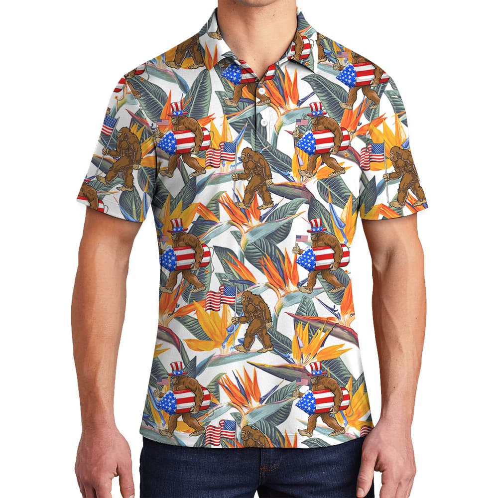 Funny Bigfoot 4th Of July Floral Hawaiian Polo Shirt For Men