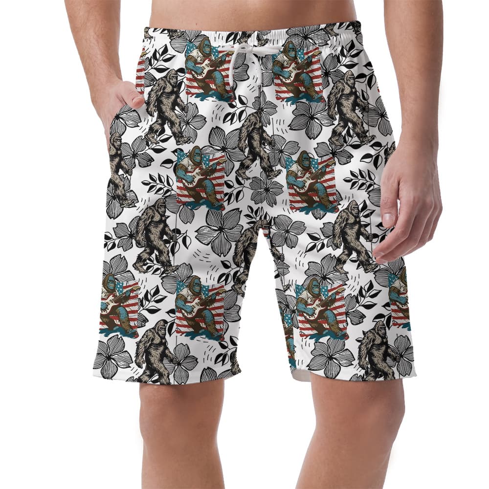 Funny Bigfoot American Flag Floral Vintage Hawaiian Beach Shorts For Men