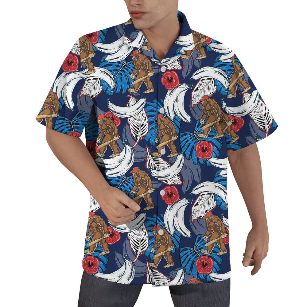 Funny Bigfoot Baseball Tropical Banana Blue Hawaiian Shirt (1)