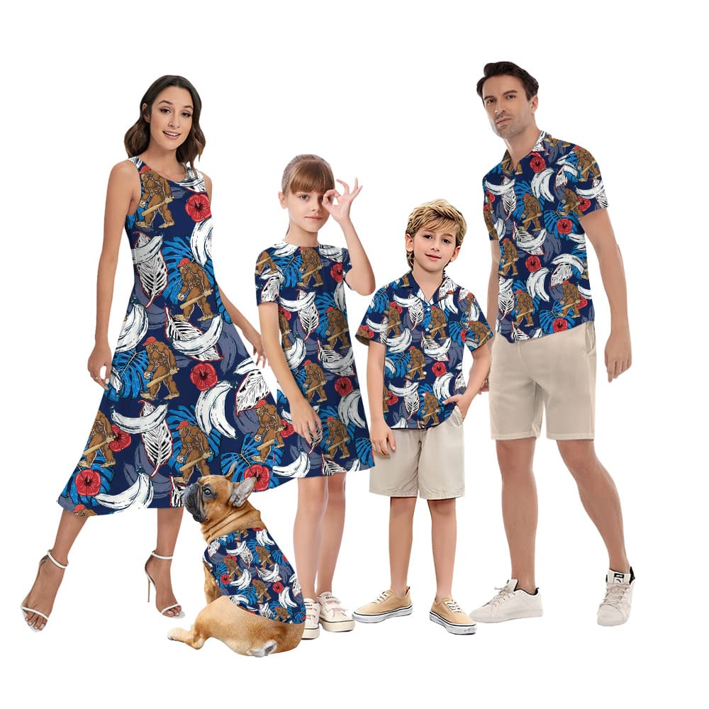 Funny Bigfoot Baseball Tropical Blue Matching Family Hawaiian Outfits