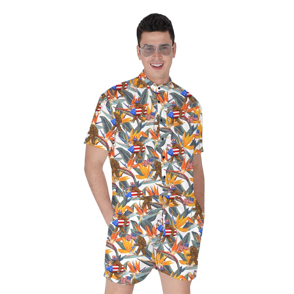 Funny Bigfoot Floral 4th Of July Hawaiian Romper For Men