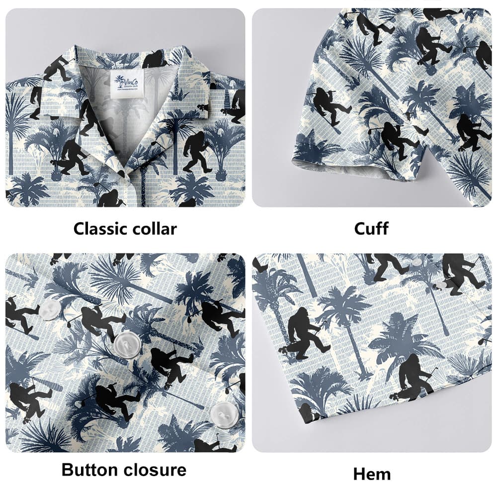 Funny Bigfoot Playing Golf Tropical Palm Trees Blue Hawaiian Shirt