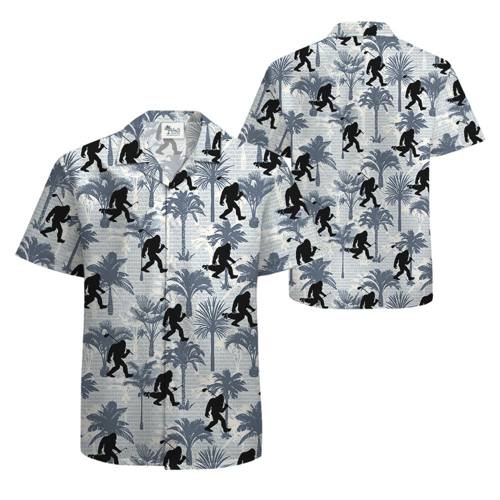 Funny Bigfoot Playing Golf Tropical Palm Trees Blue Hawaiian Shirt