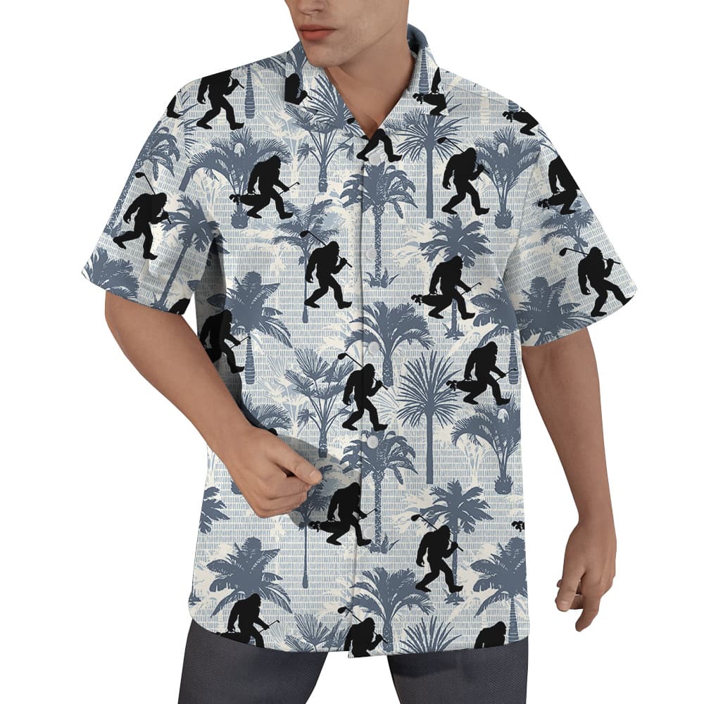 Funny Bigfoot Playing Golf Tropical Palm Trees Blue Hawaiian Shirt (4)