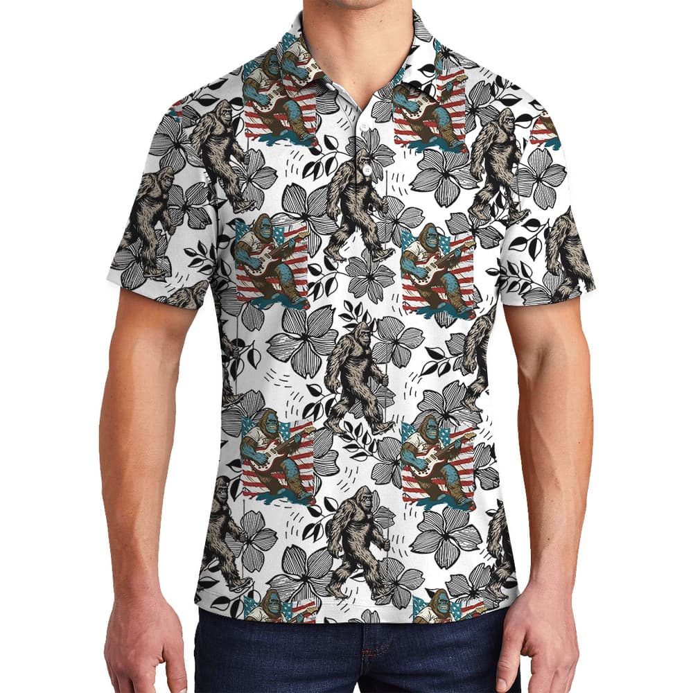 Funny Bigfoot Playing Guitar Vintage Patriotic Hawaiian Polo Shirt