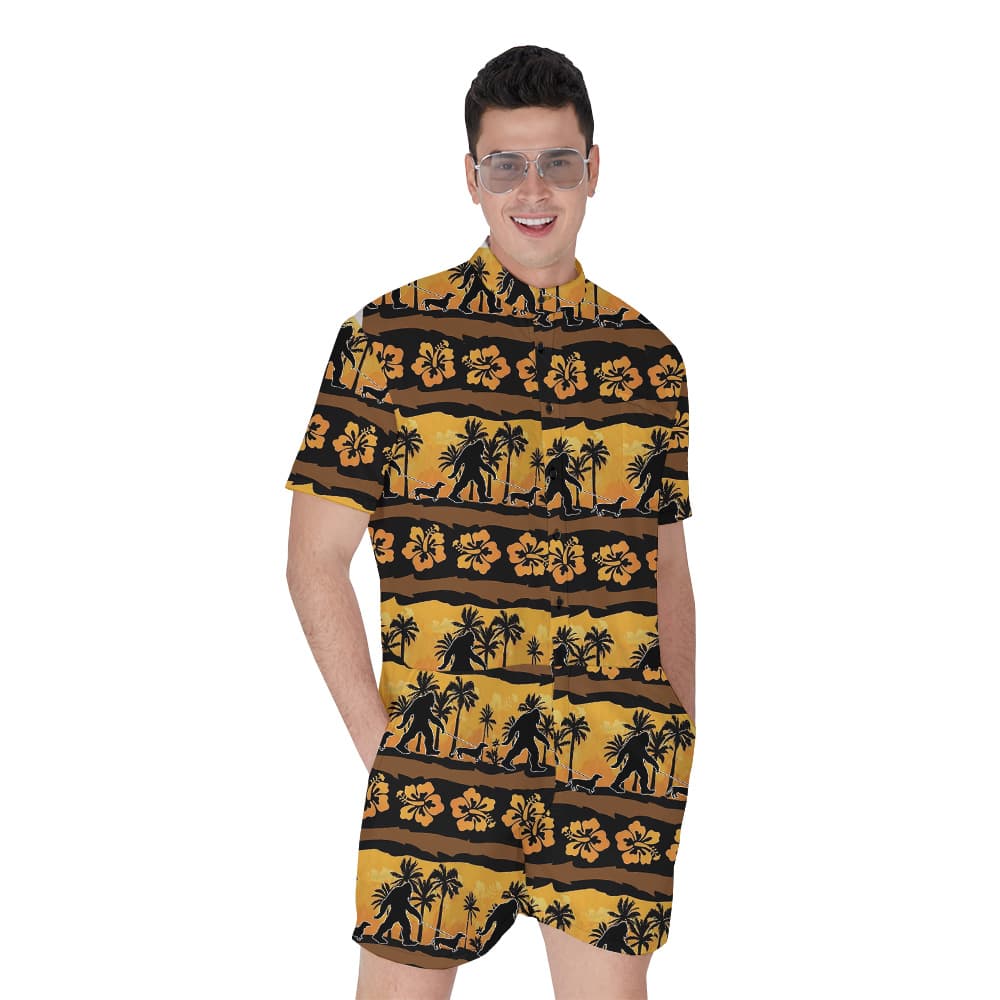 Funny Bigfoot Walking Dog Vintage Hibiscus Hawaiian Romper For Men