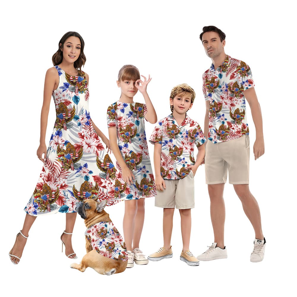 Funny Bigfoot With American Eagle Floral Patriotic Matching Family Hawaiian Outfits